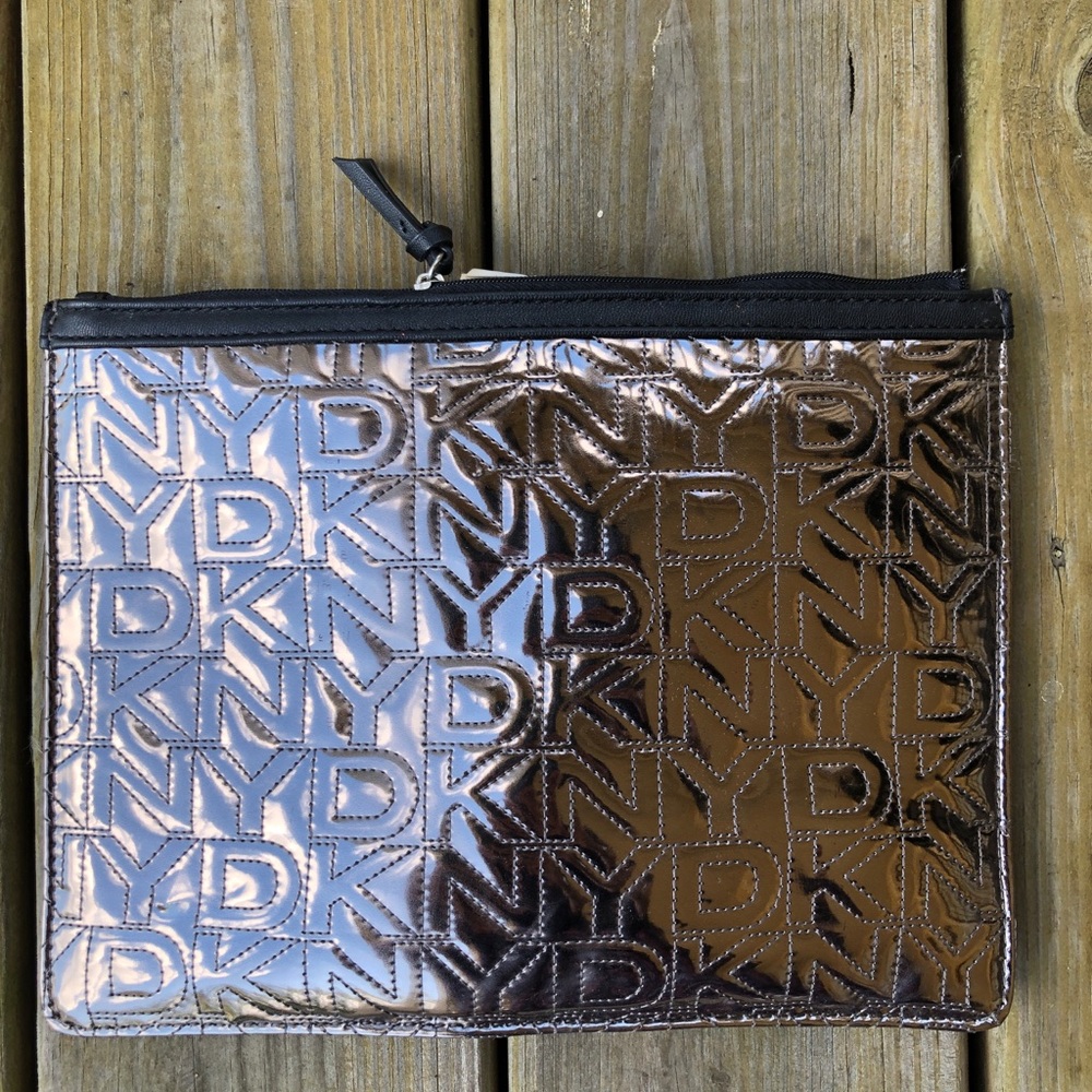 DKNY Logo Pewter Metallic Clutch/ Makeup Bag